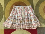 Floral Flower Print White Bohemian Ruffle Skirt Double Lined Tassel Small