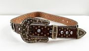 Genuine Leather Studded Western Horseshoe Bling Belt Brown