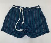 Roxy Dark Teal Striped Cotton High Rise Rope Belted Shorts M