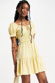 Women’s Francesca’s Yellow & White Gingham Print Puff Sleeve Mini Dress