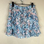 Lovers + Friends Mini Skirt Medium Women Floral Print Ruffle Blue Pink Tiered