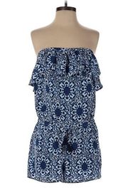 blue white medallion strapless ruffle romper tie waist size XS