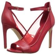 Red Leather Heels w. Mesh Sides, Square Toe - 6