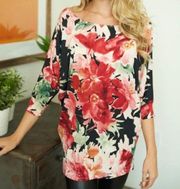 White Birch Blouse Black & Pink Florals Batwing/ Dolman Sleeve Top Sz M EUC