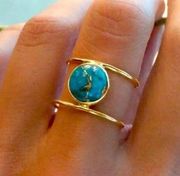 Turquoise inlaid boho double ring gold 7, similar to anthropologie anthro, NEW