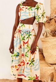 FARM Rio Copacabana Linen-Blend Cutout Midi Dress New!