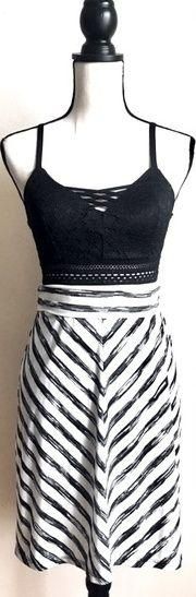 B&W Striped Stretch Skirt: Midi Length, High Waist, A-Line Style, Sz. S