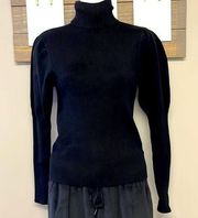 Luca Black Turtleneck Ribbed Sweater with Slight Bubble Shoulder Sleeves- Medium