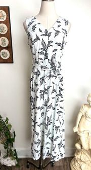 White Linen Leaf Print Wide Leg Sleeveless Jumpsuit size 6 Small