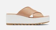 Sorel Cameron Tan Leather Platform Wedge Slide Sandals US 9.5