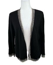 Oscar de la Renta Black Open Front Crochet Trim Cardigan Sweater Size XL