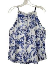 BCX Blouse Juniors' Large Blue White Floral Eyelet Halter Scallop-Edged Top