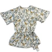 Sienna Sky  Women's XS White Floral Blouse V-Neck Short Sleeve Cinched Waist