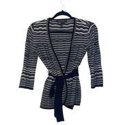 Black & White Striped Belted Wrap Cardigan