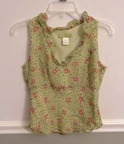 Women’s Sigrid Olsen Green Floral Sleeveless Ruffle V Neck Top Size Petite 2