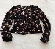 Wild Fable Black + Floral Print Plunge V Neck Ruffle Hem Crop Blouse - Medium