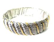 Two Gold Silver Tone Hinged Bangle Bracelet Ribbed Detailed Wide Chunky
