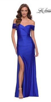 La Femme Prom Dress 29781 Off the Shoulder Stretch Jersey Gown Blue 4