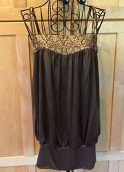 ABS by Allen Schwartz exquisite beaded spaghetti strap brown blouson Top size M