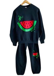 VTG 90s Black Watermelon Sweatsuit Womens M Crew Neck Sweatshirt Sweatpants Set