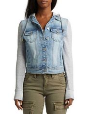 Silver Jeans Stirling Knit Removable Hood Distressed Denim Small Trucker Jacket