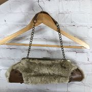 Chinese Laundry Faux Fur Purse Clutch Kiss Lock Tan Brown Beige Shoulder Chain