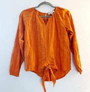 Hayden Blouse Orange Tie Front Cotton Key Hole Textured Top Sz S EUC