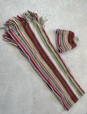 LACOSTE Tassel Scarf and Hat Set Womens  Pink Red Light Blue & Ivory Striped