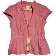 VTG Forever Twenty One Linen Blouse Zip Up Cinched Waist Plunge V-Neck Pink S