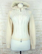 Armani Exchange Wool Knit Zip Sweater Women S Ivory Rabbit Fur Hood Y2K