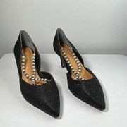 J. Renee black heels with removable pearl and black bead front cross straps 8M