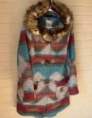 Bb Dakota coat jacket southwestern print wool snap toggle closure hood faux fur