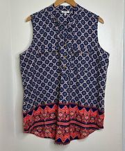 Sleeveless Popover Blouse Size 2X Medallion Pattern Gold Tone Zippers buttons