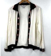 Ming Wang Ivory Black Collared Open Front Cardigan Sweater Jacket Size Medium