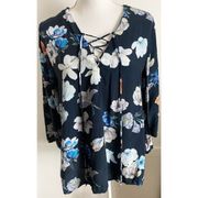 Alice Blue • Blue Floral Chlo Lace Up Neck Blouse