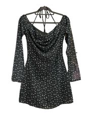 Tisha Off The Shoulder Mini Dress Black with cute purple and white floral design.