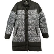 Fabletics Womens Waco Puffer Coat Size L Jacket Black Grey Confetti Print Cozy