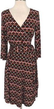 AB Studio Geo Print Jersey Faux Wrap Dress Brown Cream Size Medium