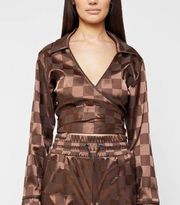 NWT Maniere De Voir Checkered Satin Brown Cropped Tie Blouse - size 2