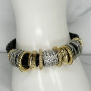 Chico's Black Braided Cord Rhinestone Silver and Gold Tone Bracelet