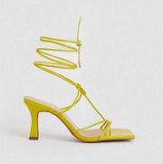 Karen Millen Leather Ankle Tie Heeled Sandal Lime Green Yellow Neon Square Toe