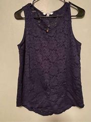 Ellen Tracy Co Women’s Tank Top Blouse Navy Lace Sleeveless Gold Button M