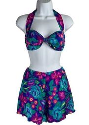 Vtg Jantzen Classics Size 14 2 Piece Swimsuit 80’s Halter Shorts Floral Print