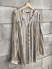 Zac & Rachel Shirt Women 2X Brown Stripes Button Down Long Sleeve Casual Classic