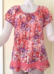 pink And purple floral print boho Short Sleeve blouse