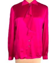 Vintage Dana Buchman Blouse Silk Magenta Exaggerated Ruffle Front Long Sleeve