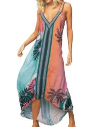 Maaji Lowry Maxi Dress Sleeveless Bold Floral Pattern Curved Hemline Medium NWT