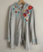 Johnny Was Boho Floral Embroidered Full Zip Slouchy Oversized Sweater Hoodie L