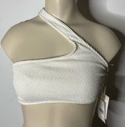 Good American Always Fit One Shoulder Bikini Top L/XL Ivory Ribbed Beach NWT