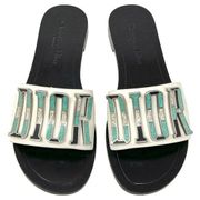 Dior Diorevolution Beige Leather Turquoise Stone Logo Flat Sandals Slides